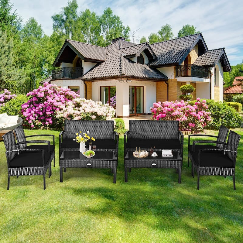 Costway 8 PCS Outdoor Patio Rattan Furniture Set Cushioned Sofa Coffee - See Details