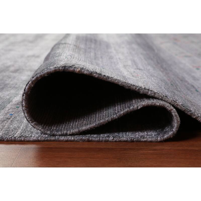 Hand Knotted Oriental Viscose Silk Carpet Tribal Stripe Greys & Charcoal Gabbeh Area Rug - 9' 10'' X 7' 10''