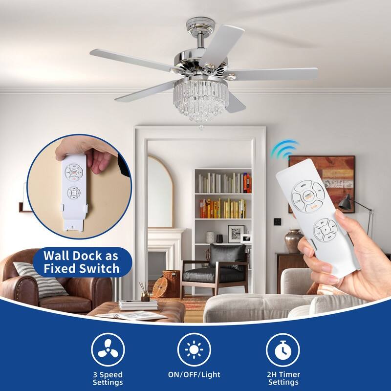 52-inch Wooden 5-Blade Crystal Ceiling Fan Chandelier with Remote