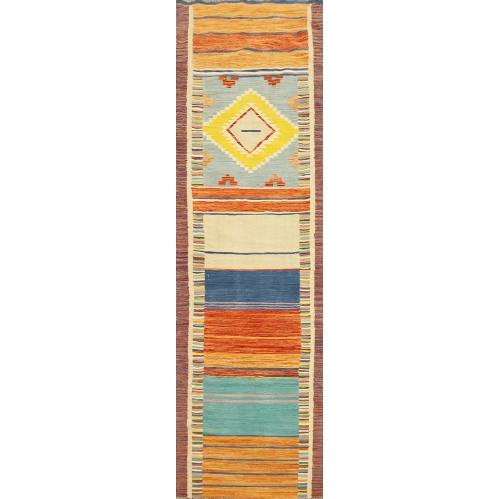Hand Woven Oriental 100% Wool Carpet Southwestern Tribal Multi-Colored Kilim Runner Rug - 11' 2'' X 2' 9''