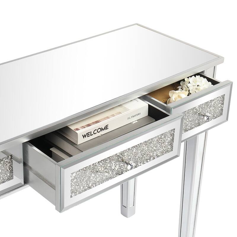 Silver MDF Mirror Broken Glass Surface Three Drawer Computer Desk