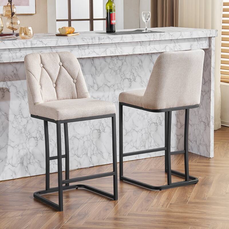 Bar Stool Set of 2, Upholstered Bar Stool with Button-Tufted Backrest, Counter Height Armless Chair with Sturdy Metal Frame