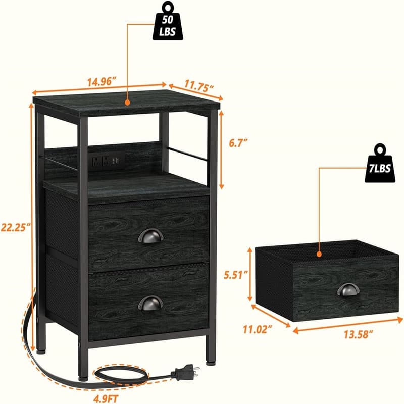Nightstands Set of 2 End Tables with Charging Station and USB Ports