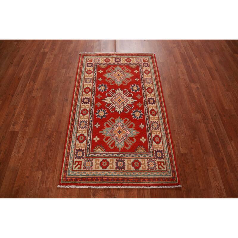 Geometric Kazak Foyer Rug Hand-Knotted Traditional Wool Carpet - 2'7"x 4'5"
