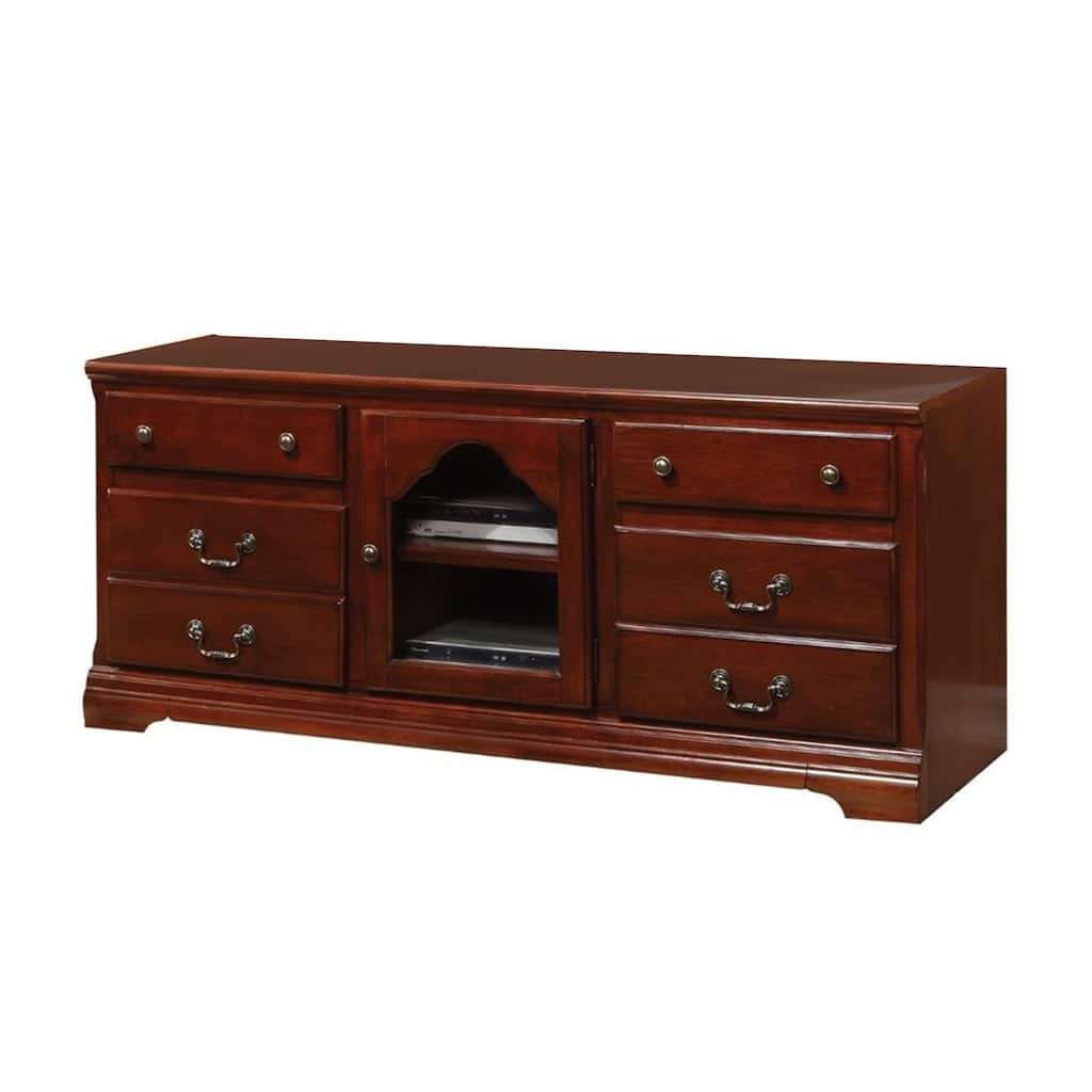 Four Drawers Wooden TV Stand with Glass Door Storage, Cherry Brown