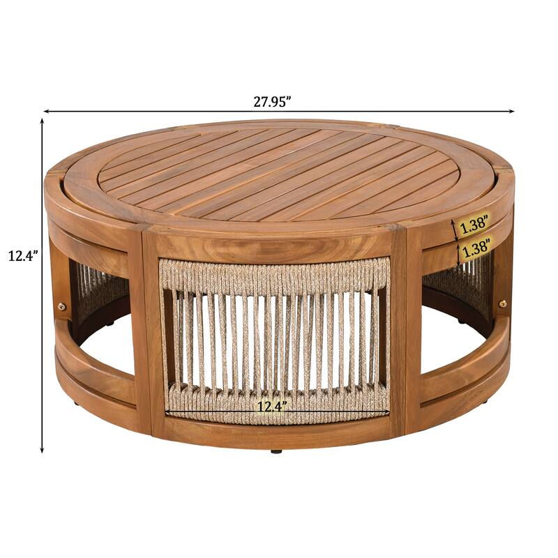 27.95" Acacia Wood Outdoor Coffee Table, Handwoven Rope Accent Boho Patio Table with All-Weather Durability
