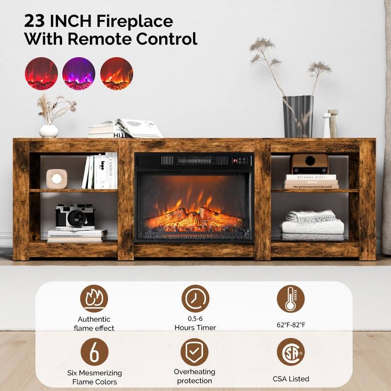 Farmhouse 70'' TV Stand For Tvs Up To 70'' With 23'' Electric Fireplace and Adjustable Shelves