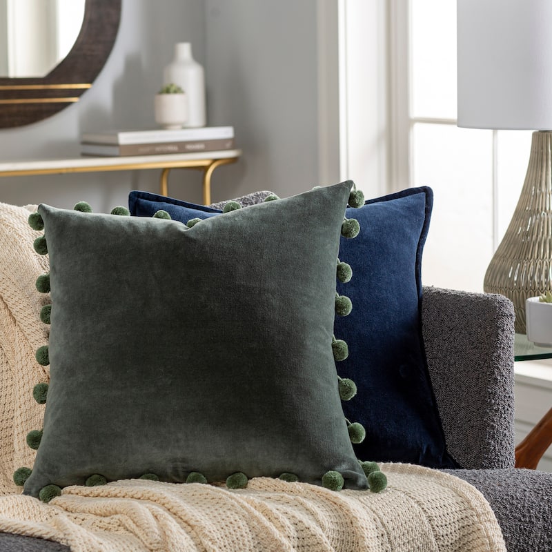 Sophus Cotton Velvet Pom Pom Throw Pillow - 18"x18" - Down - Olive