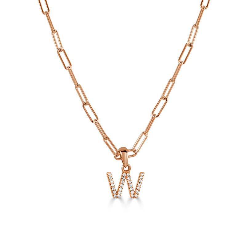 Joelle Collection Diamond Initial Letter Necklace Paperclip 14K Gold 16-inch Chain 1/10 TDW Necklace - W - Rose