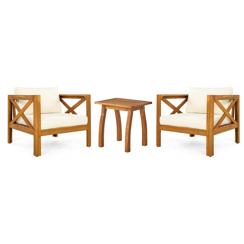 3 Piece Patio Conversation Set, Outdoor Wood Leisure Seat(Set of 2),Armchair with Cushions,Selma Acacia Wood End Table