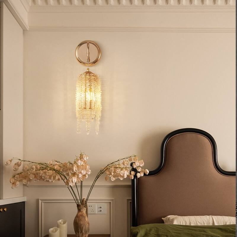 Set of 2 Gold Wall Sconces with Crystal Bead Strings Elegant Hanging Light Fixtures, E12 Socket (Bulbs Not Included)