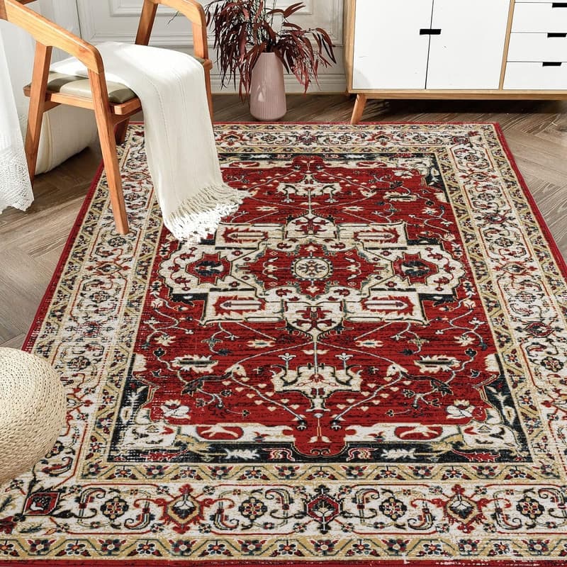 6'x9' Vintage Bohemian Persian Area Rug with Floral Design in Yellow & Red - 6' x 9'