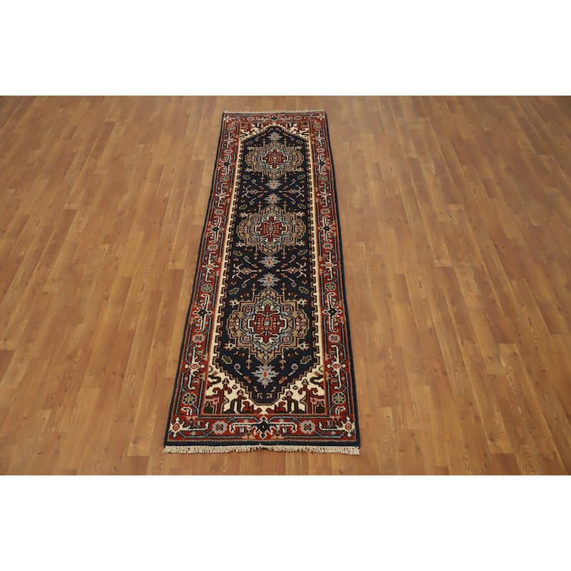 Hand Knotted Oriental 100% Wool Carpet Traditional Geometric Navy Blue & Blues Heriz (serapi) Runner Rug - 8' 4'' X 2' 5''