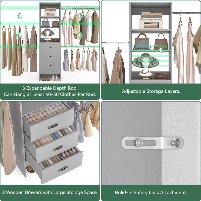 20.2'' - 96'' W Closet Organizer with Drawers, Closet System with Hanging Rods and Adjustable Shelves