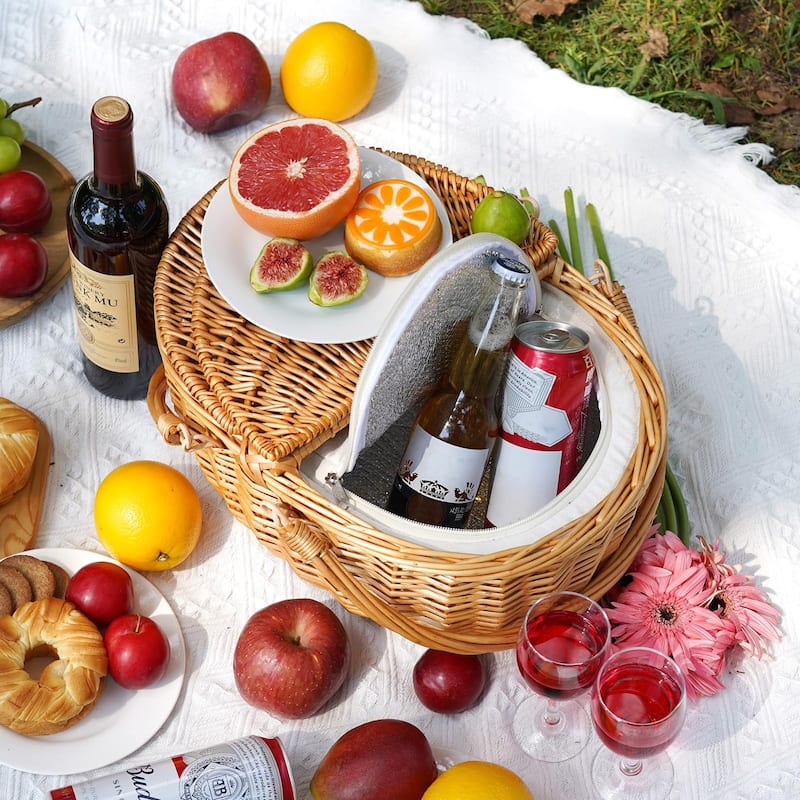 Wicker Picnic Basket with Cooler, Wooden Split Lid Picnic Basket, Vintage-Style Wicker Picnic Hamper with Folding Woven Handle