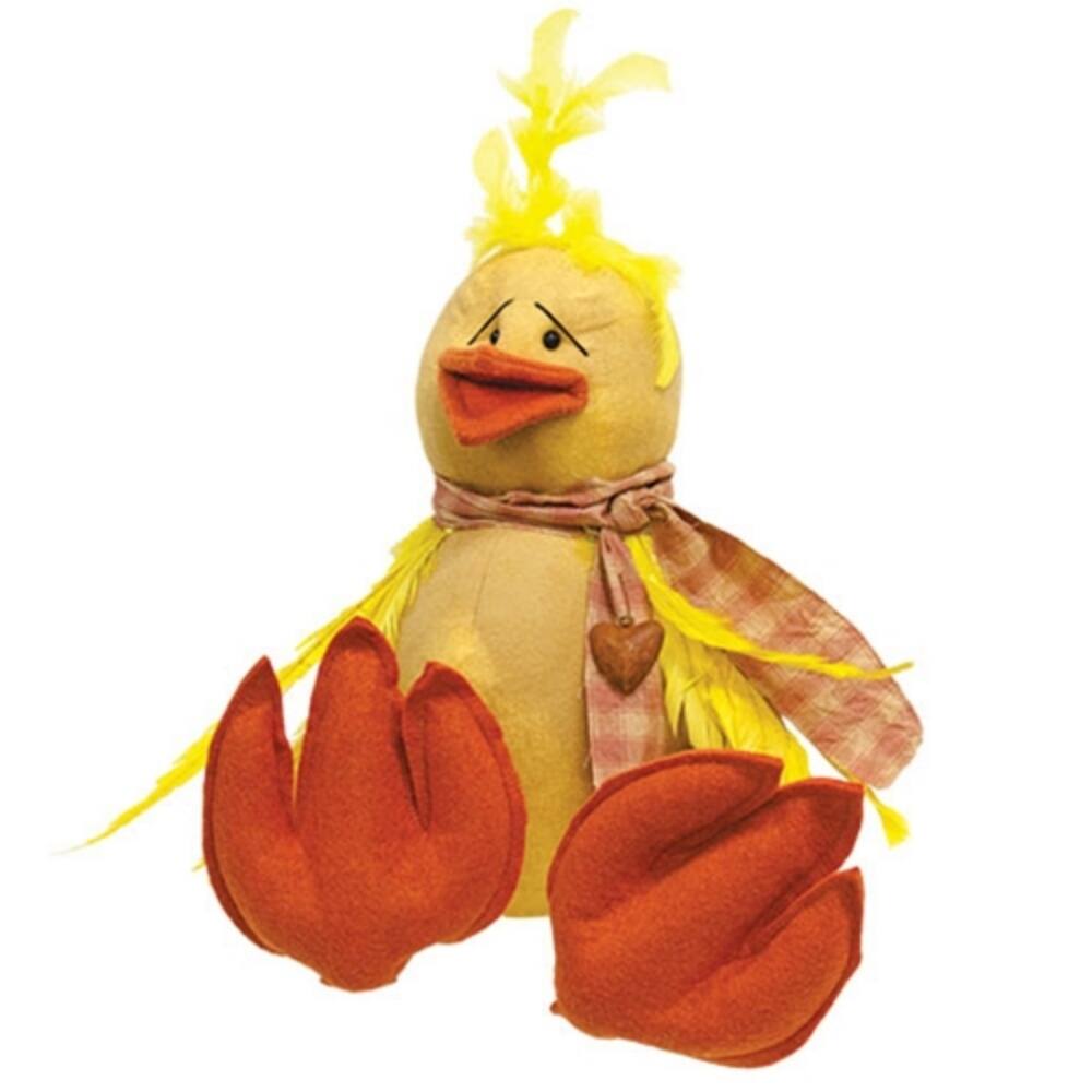 Yellow Plush Sitting Stuffed Chelsea Chicken Farmhouse Style with Embroidered Face and Beaded Eyes - 12" H X 10.5" W X 9" D