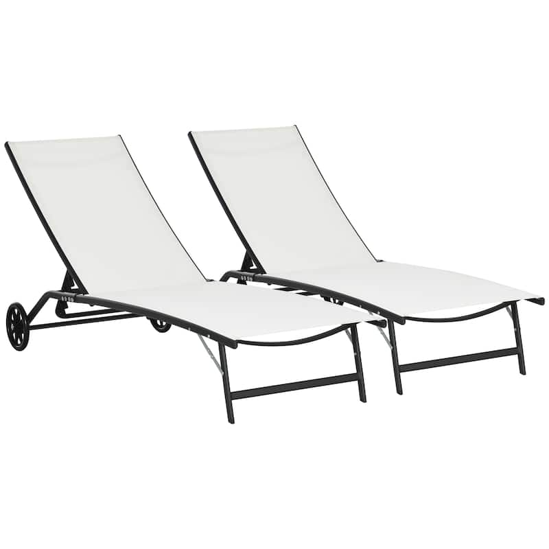 Chaise Lounge Outdoor,2 Piece Lounge Chair with Wheels,Tanning Chair with 5 Adjustable Positions for Patio,Beach, Yard, Pool - Cream White