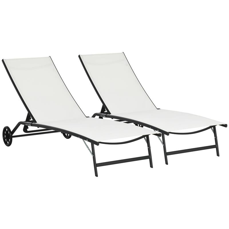 Outsunny Patio Chaise Lounge Chair Set of 2, 2 Piece Outdoor Recliner with Wheels, 5 Level Adjustable Backrest - White