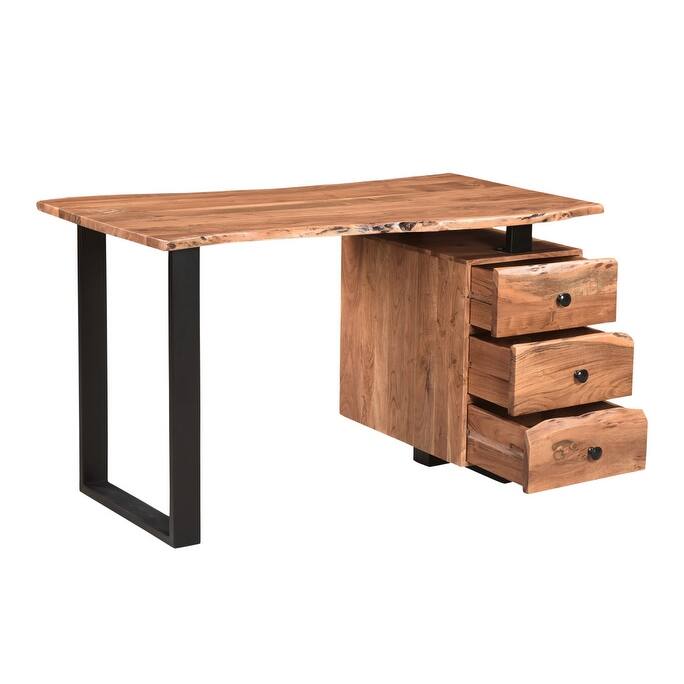 HomeRoots 54" Natural and Black Live Edge Solid Wood Writing Desk With Three Drawers