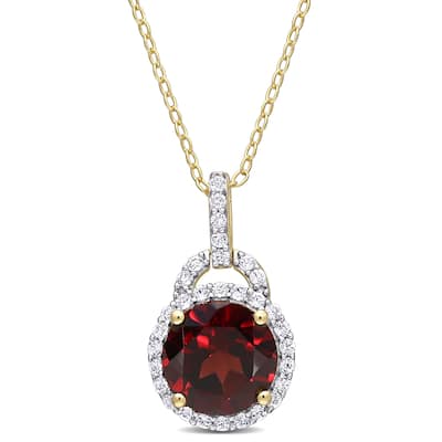 Miadora Yellow Plated Sterling Silver Garnet and White Topaz Birthstone Halo Drop Necklace - 20.2 mm x 18 inch x 11.6 mm
