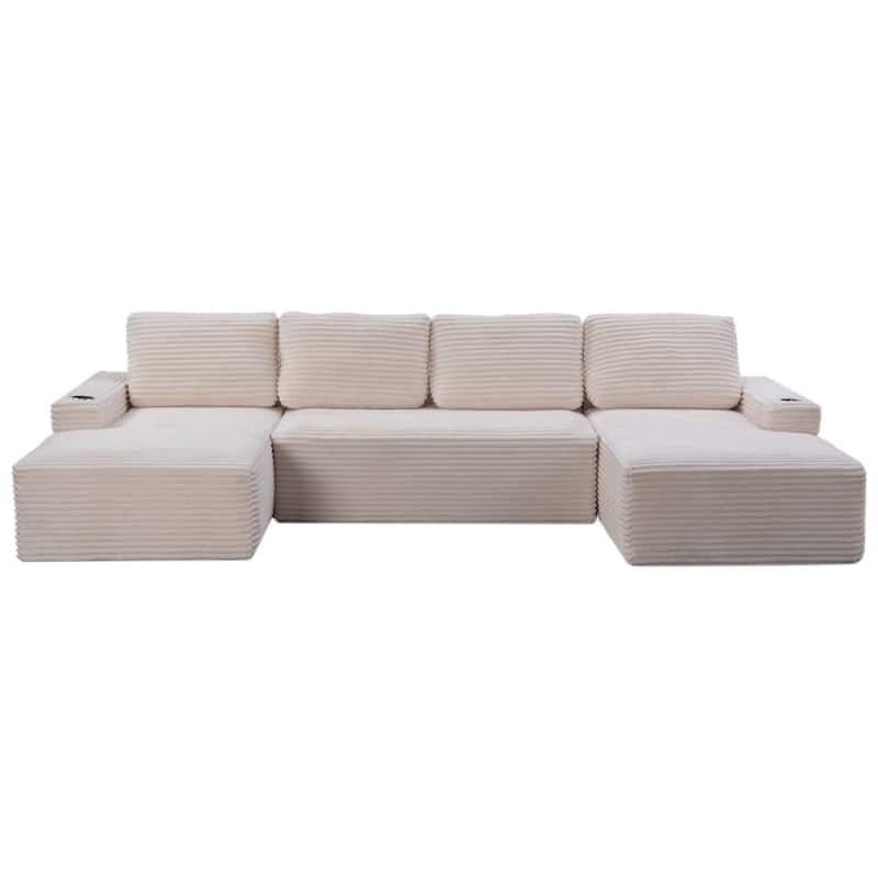 133.4" U-Shaped Corduroy Sectional Sofa with Cup Holders, No Assembly Required