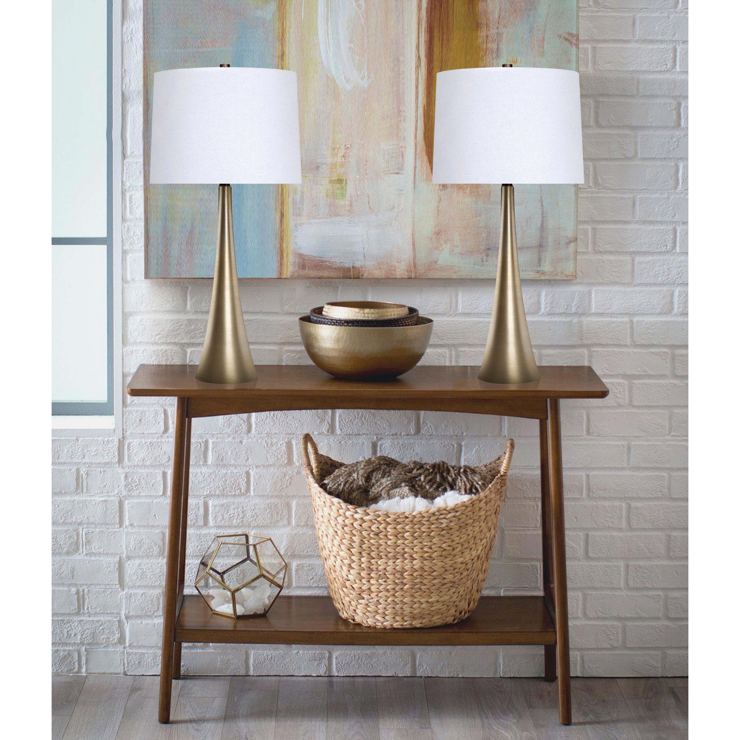 29 5 Metal Table Lamp Set With Tapered Curve Design And Off White Linen Drum Shades Overstock 29167654
