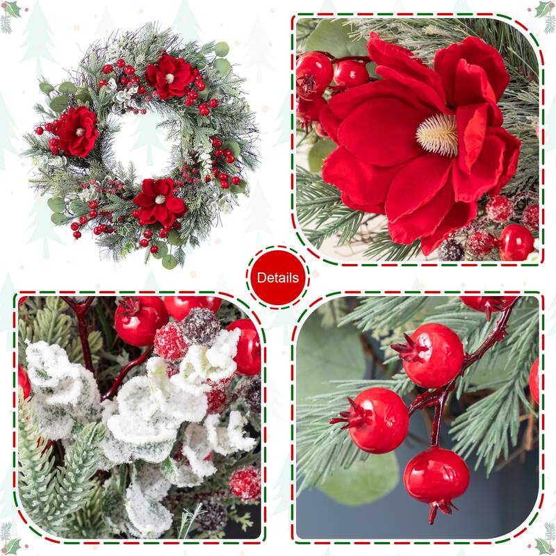 Glitzhome Christmas Red Mangnolia & Berry Wreath Garland Teardrop Hanging Decor