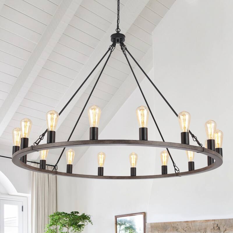 16-Light Farmhouse Chandelier , 47.24 In Wagon Wheel Chandelier for Dining Room Living Room Bedroom Kitchen - Black and Wood Grain