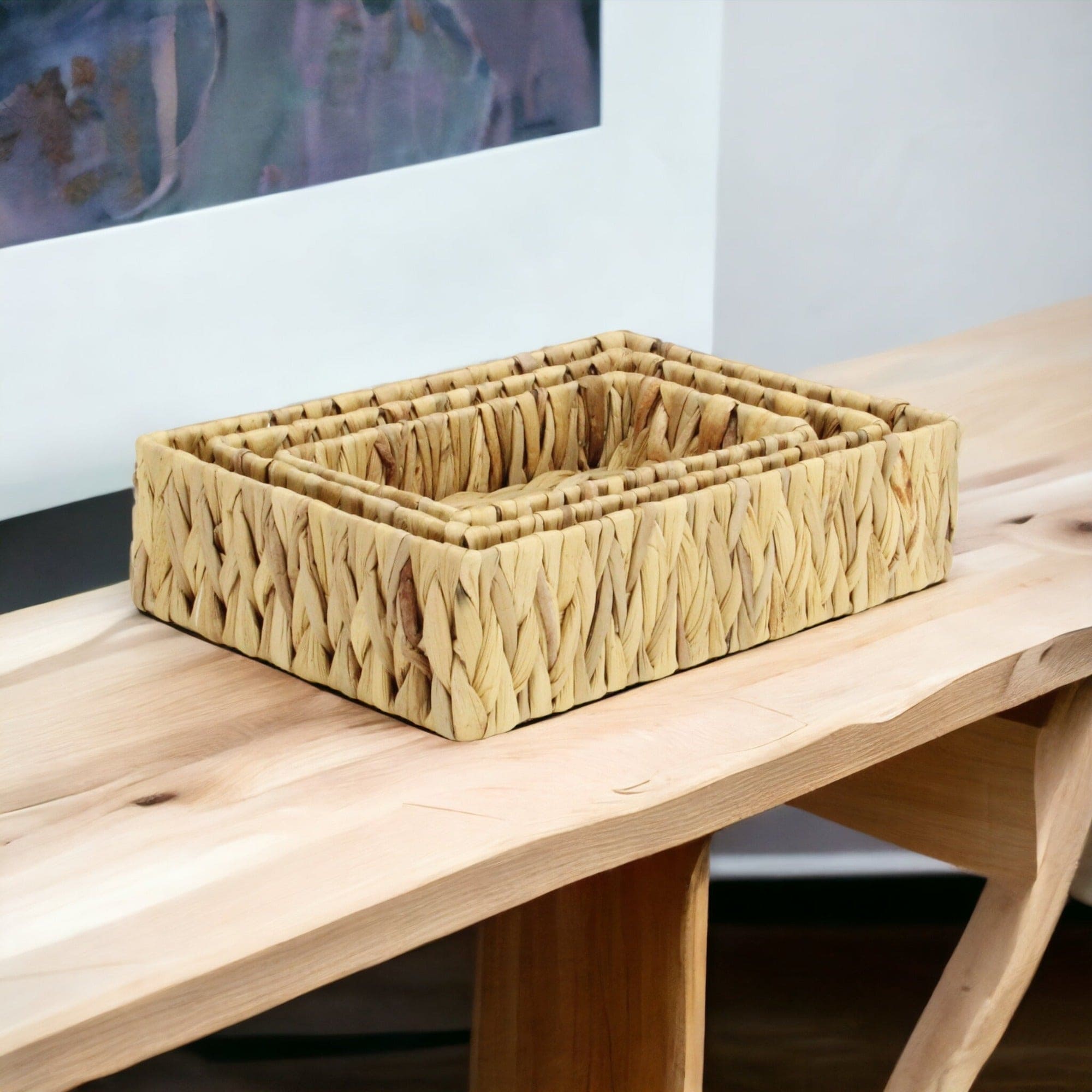 Laelia Light Brown Water Hyacinth Woven Rectangular Baskets (Set of 3)