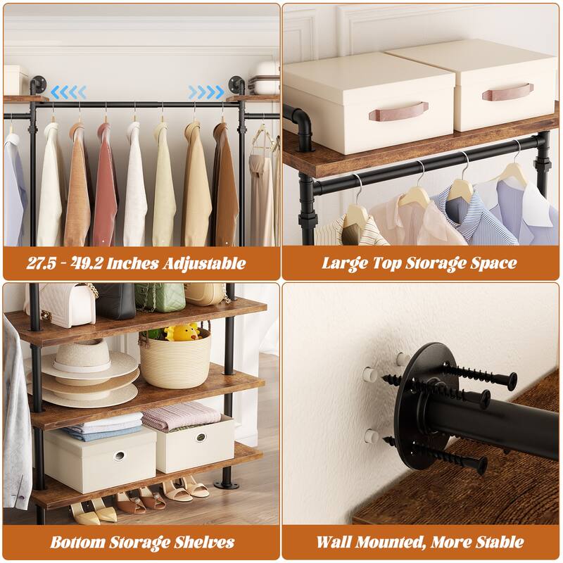 Expandable Industrial Pipe Clothing Rack with 6 Open Shelves,Adjustable Walk-in Closet Organizer System Garment Rack