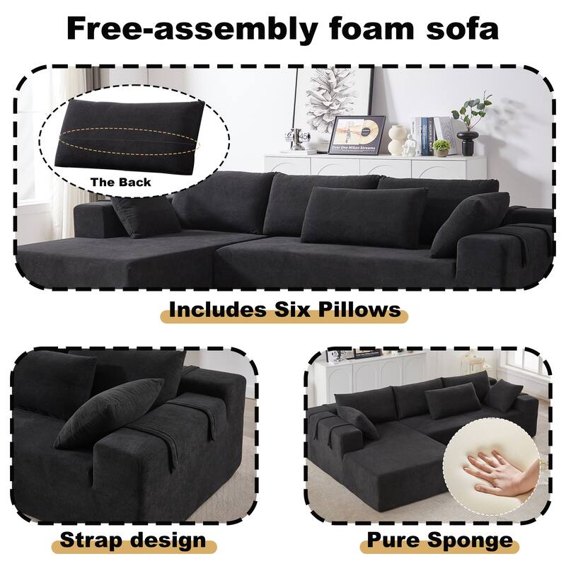 Modern Chenille Upholstered Sectional Sofa Couch Set with 6 Pillows and Square Arms for Living Room and Guest Room