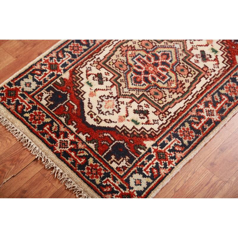 Hand Knotted Oriental 100% Wool Carpet Traditional Medallion Beige & Ivories Heriz (serapi) Area Rug - 3' 0'' X 2' 0''