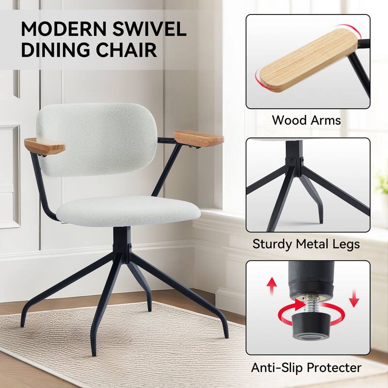Modern Upholstered Swivel Chair With Solid Wood Arms And Metal Frame