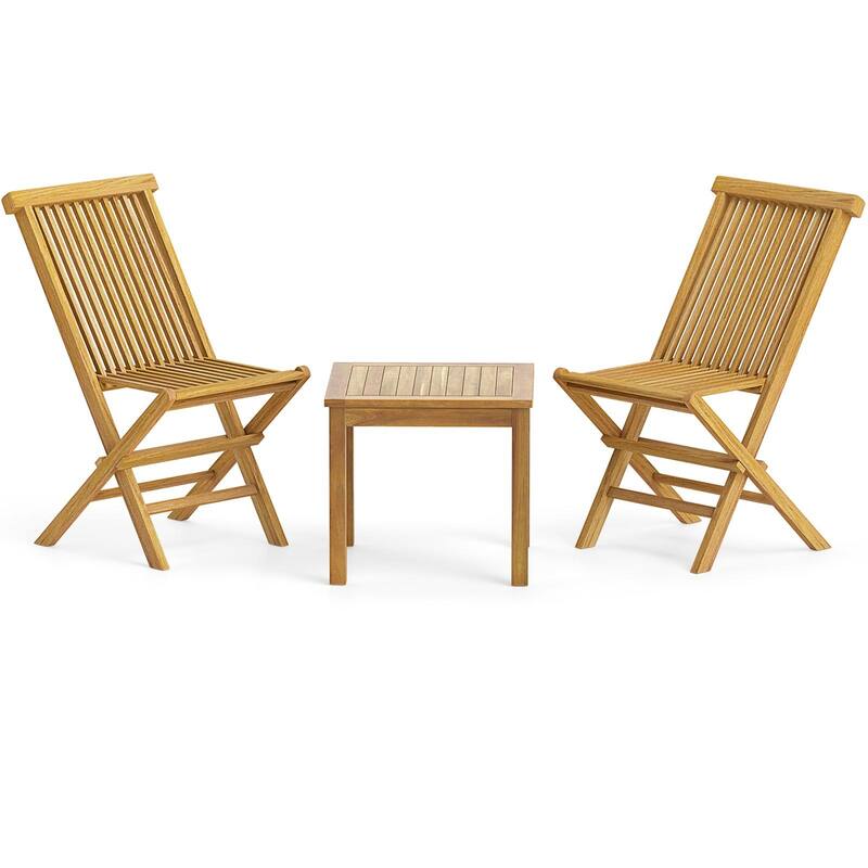 Gymax 3 Piece Teak Wood Bistro Set w/ 2 Folding Chairs & Square Side