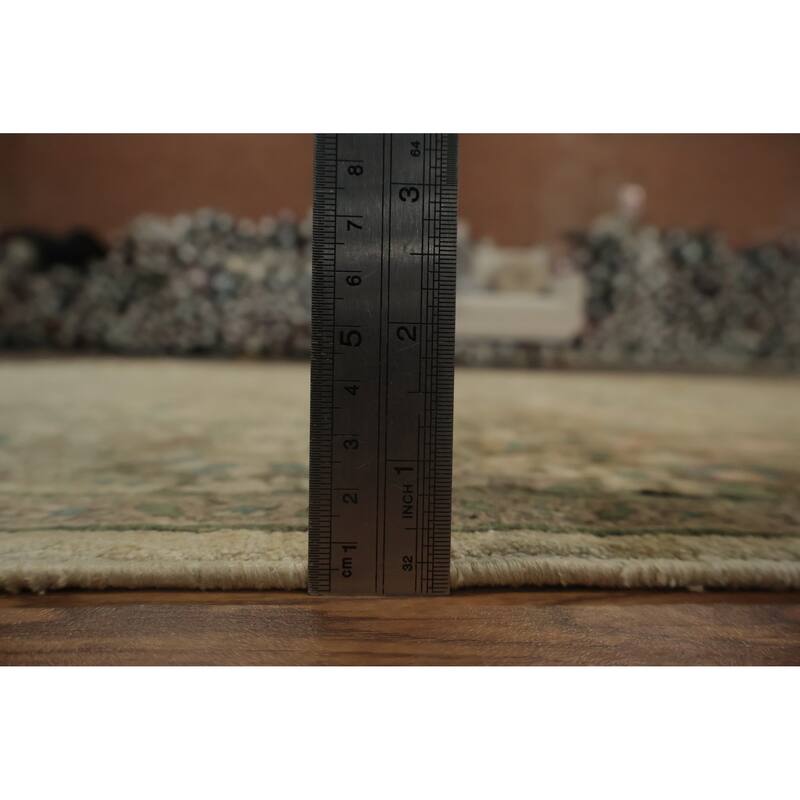 Hand Knotted Oriental Silk Carpet Traditional Floral Beige & Ivories Kashmir Area Rug - 7' 4'' X 6' 11''