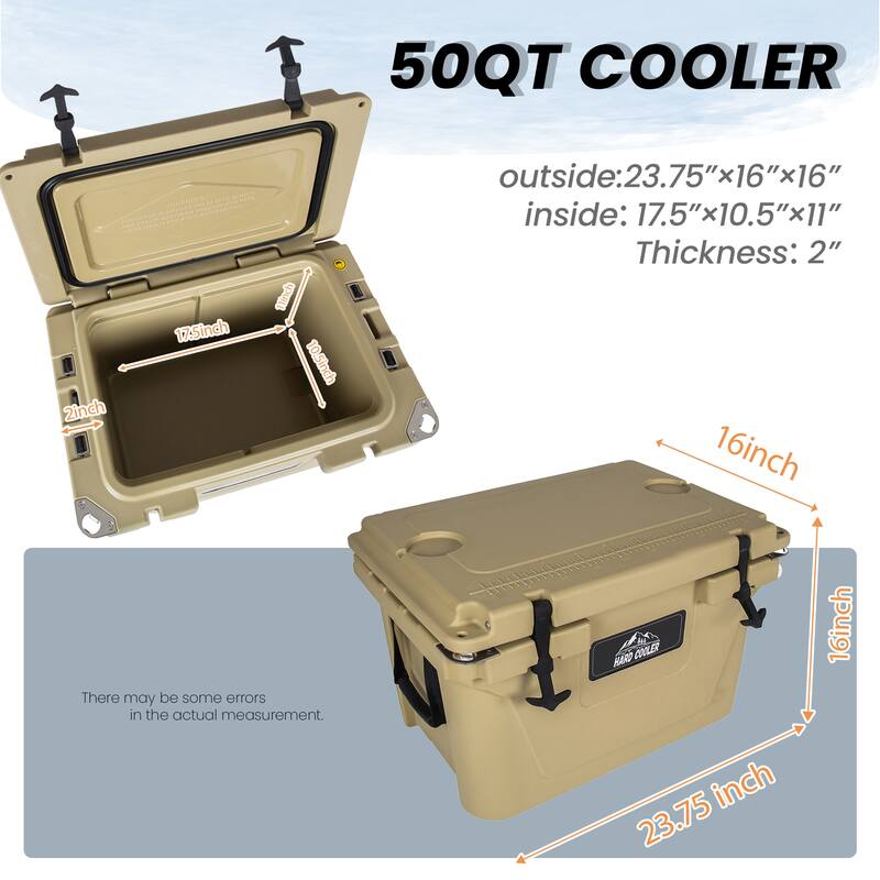 50 Quart Khaki Cooler, Ultra-Light Insulated Ice Chest - Heavy-Duty Hard Shell Cooler with 6-Day Ice Retention
