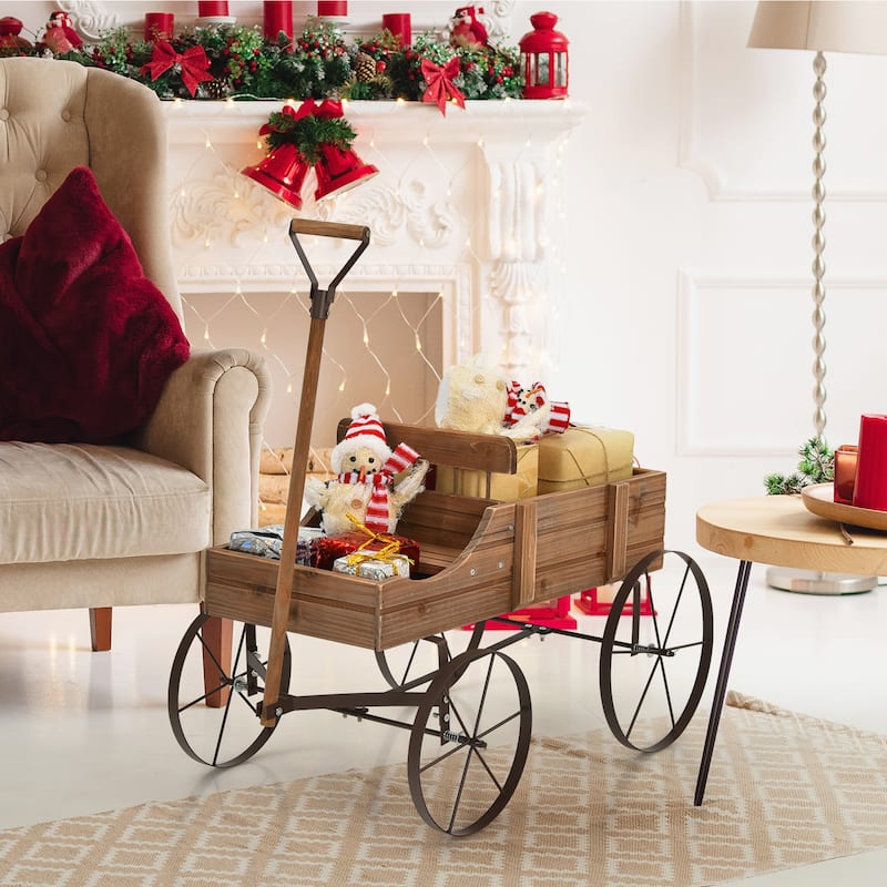 Gymax Garden Plant Planter Wooden Wagon Planter W/ Wheel Garden Yard - 24.5'' x 13.5'' x 24''