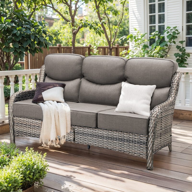 Outdoor Wicker Sofa PE Rattan Patio Couch Sofa - 3-Seat Sofa - Grey Rattan - Grey Cushion