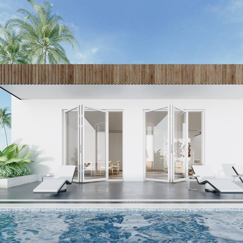 KaMic Elite-Fold 72" x 96" 2-Panel Aluminum Folding Door in White with Hidden Hinges & Rollers, Folded Out From Right To Left