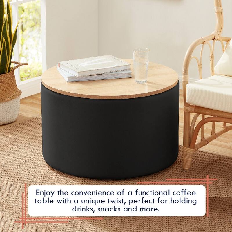 Parker Large Round Storage Coffee Table Ottoman with Wooden Lift Off Lid