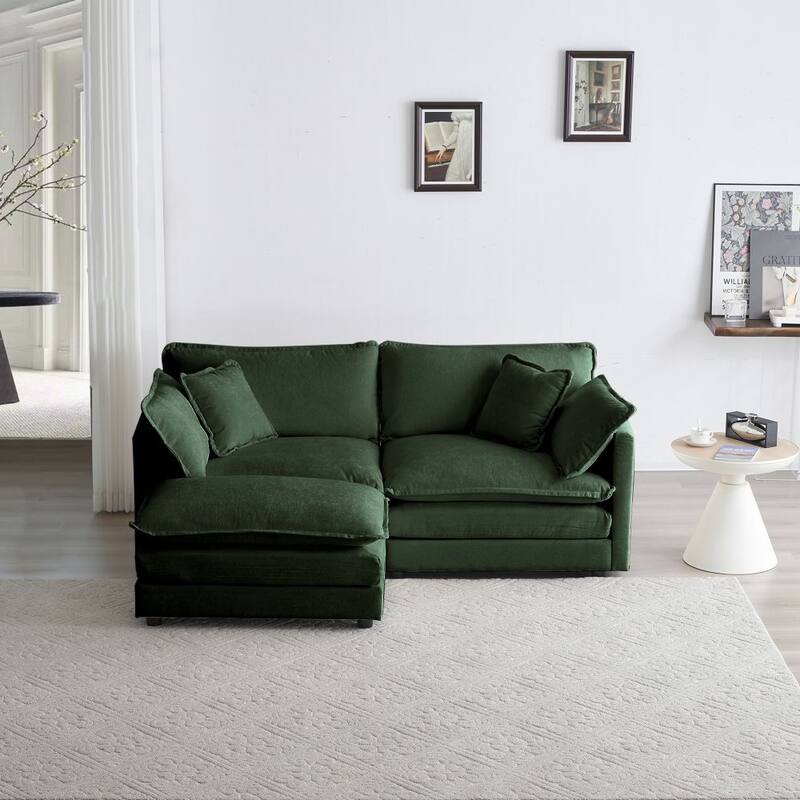 2 Seater Chenille L-Shaped Sectional Sofa with ottoman for Small Living Space - Green - Reversible