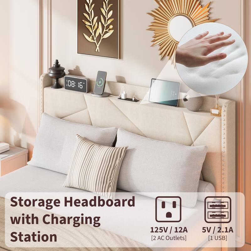 Full/Queen Floating Bed Frame with LED Lights & Charging Station, Upholstered Platform Beds with Storage Headboard