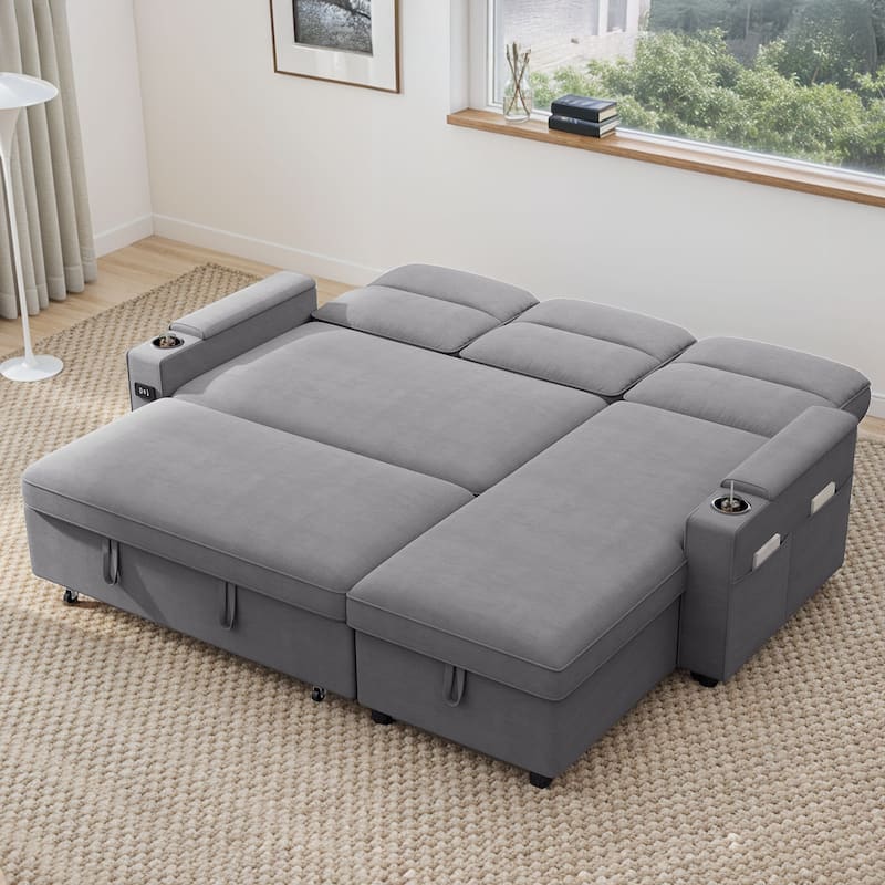 Moasis 81" Sectional Sleeper Sofa with Pull Out Bed & Adjustable Backrest and Power Outlets