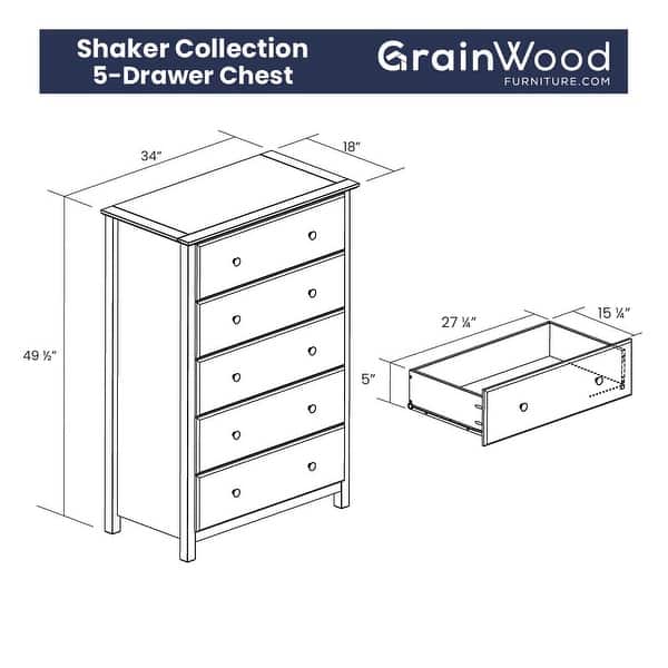 dimension image slide 3 of 4, Grain Wood Furniture Shaker 5-drawer Solid Wood Chest