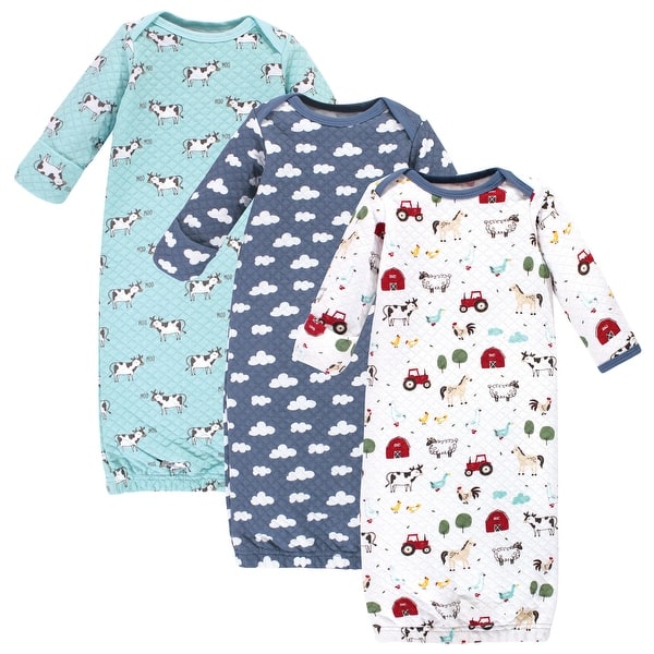 slide 1 of 1, Hudson Baby Infant Boy Quilted Cotton Long-Sleeve Gowns 3pk, Boy Farm Animals, 0-6 Months - Boy Farm Animals 0-6 Months - Boy Farm Animals