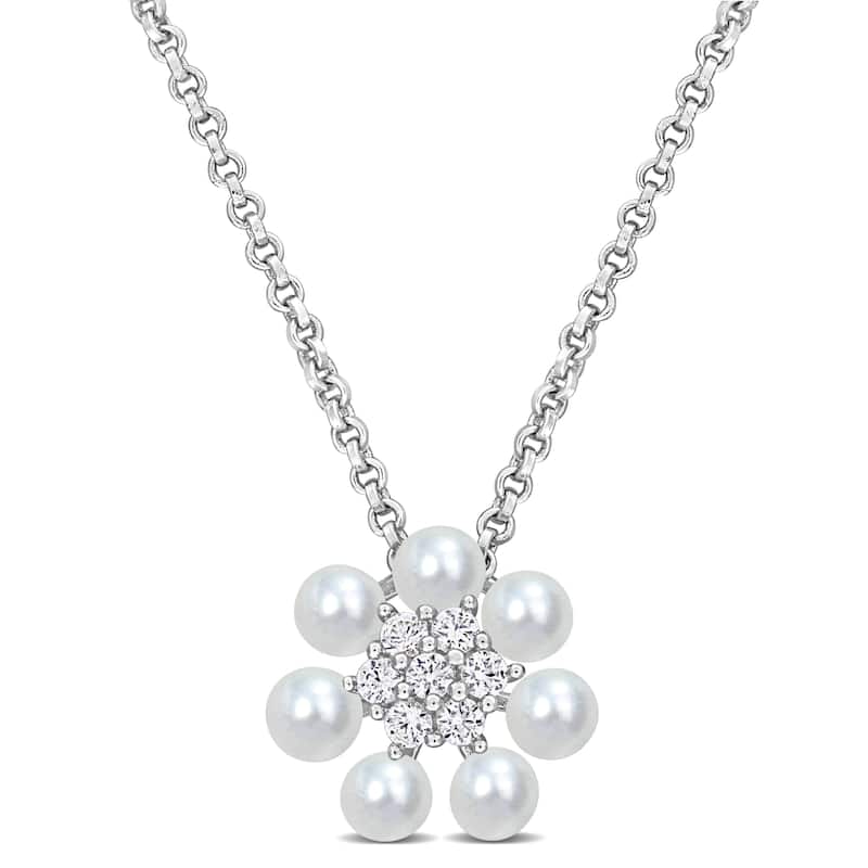 Miadora Cultured Freshwater Pearl 1/7ct TGW Created White Sapphire Flower Necklace Sterling Silver