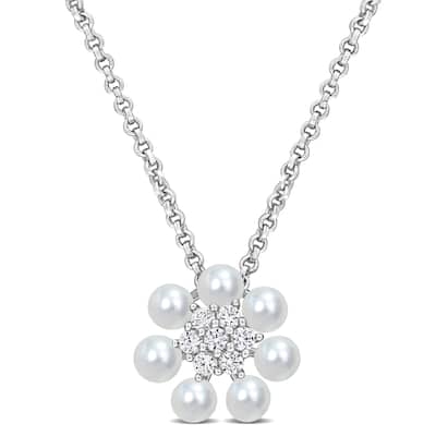 Miadora Cultured Freshwater Pearl 1/7ct TGW Created White Sapphire Flower Necklace Sterling Silver