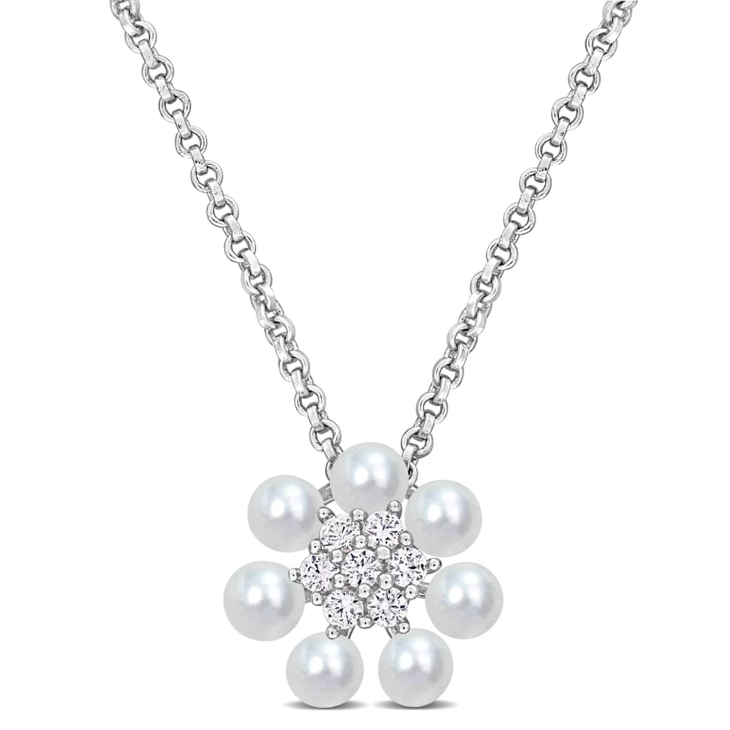 Miadora Cultured Freshwater Pearl 1/7ct TGW Created White Sapphire Flower Necklace Sterling Silver