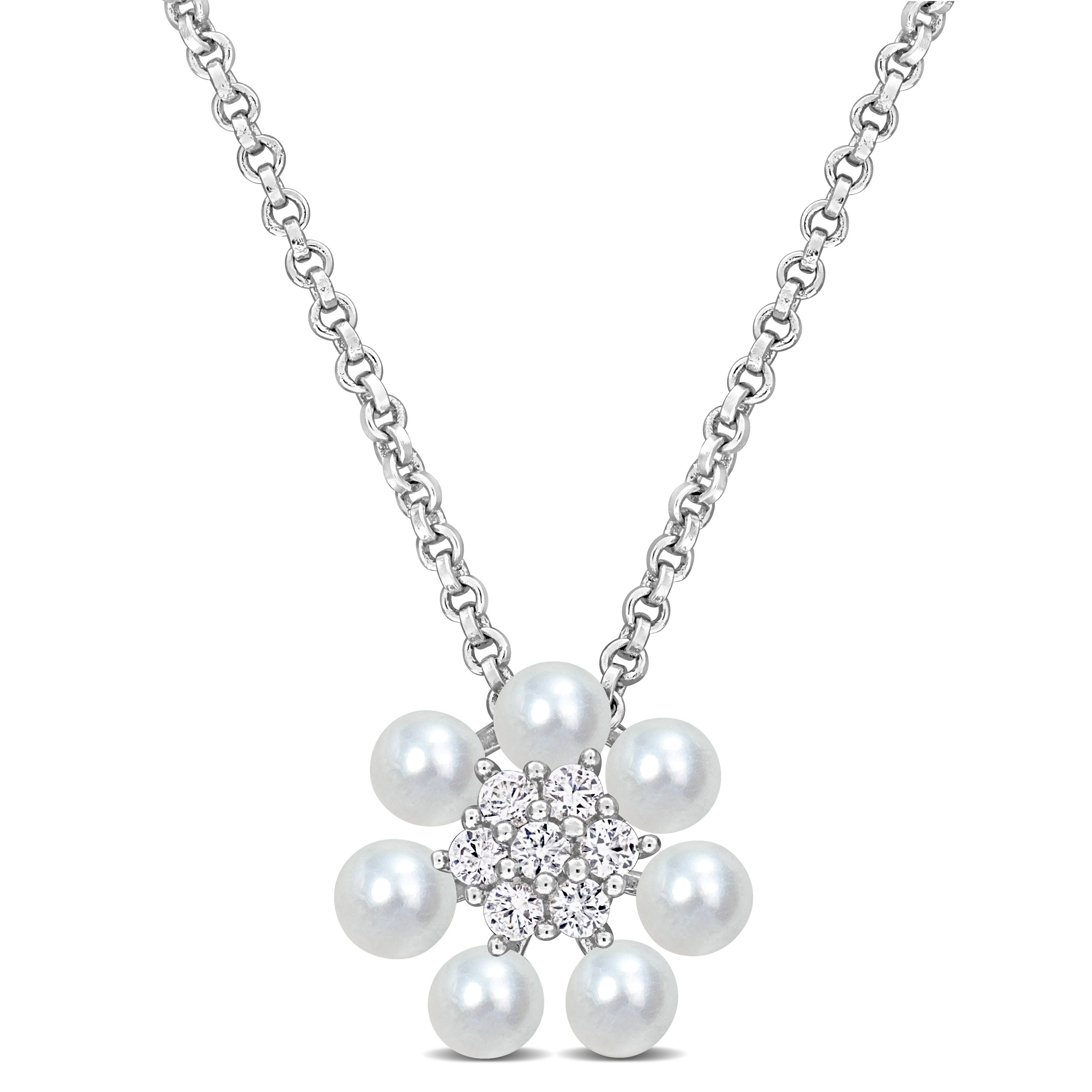 Miadora Cultured Freshwater Pearl 1/7ct TGW Created White Sapphire Flower Necklace Sterling Silver