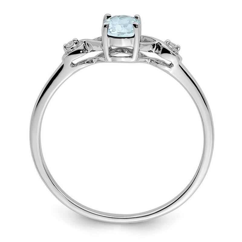 Curata 925 Sterling Silver Polished Open back Rhodium Plated Diamond and Aquamarine Oval Ring